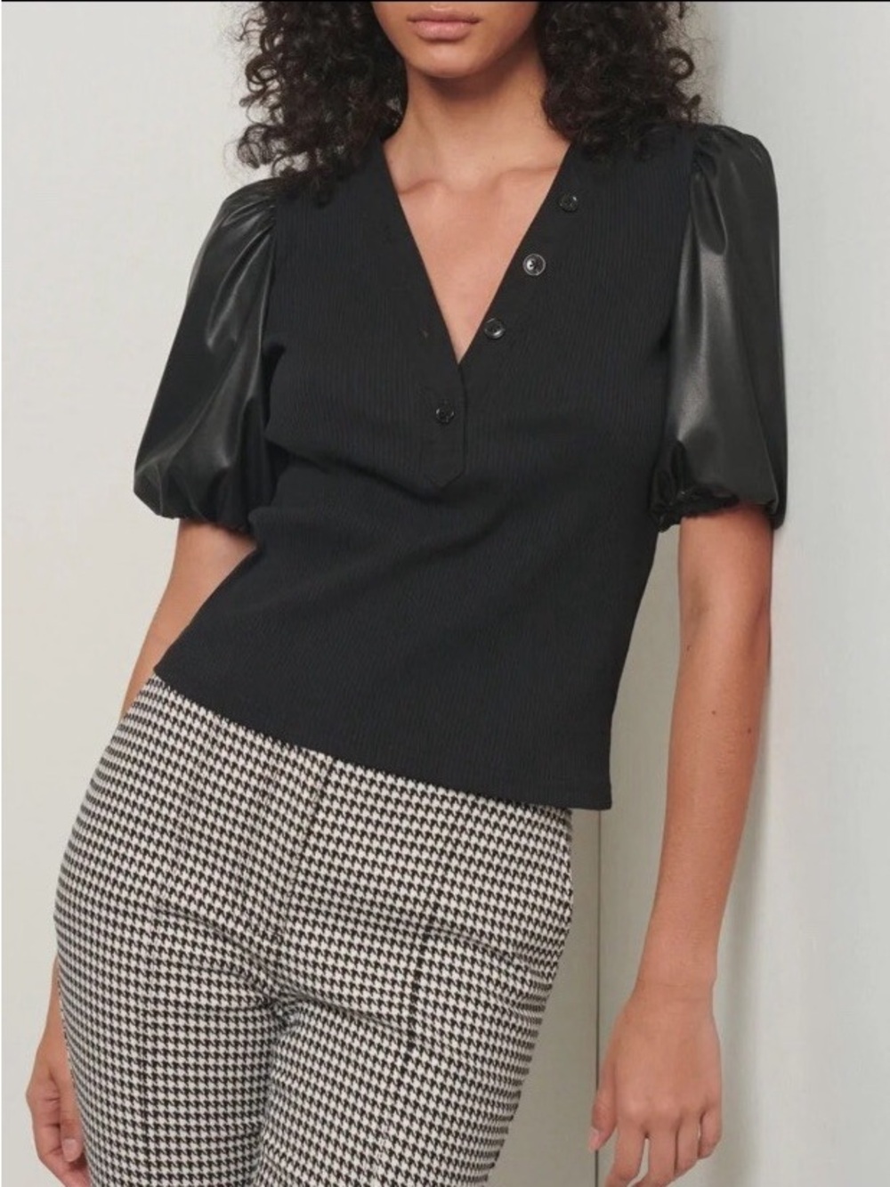 Bailey 44 Black V-Neck Puff-Sleeve Top
